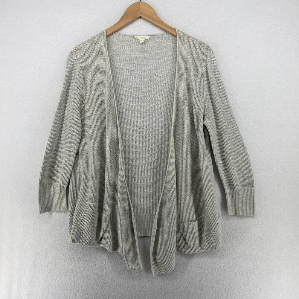EILEEN FISHER Sweater S Organic Cotton Ribbed Open Front Cardigan Gray
